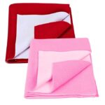 AVYRDO Baby Dry Sheet Waterproof Bed Protector Quick Dry Sheet, Medium Size 100cm x 70cm, Pack of 2 (Red & Baby Pink)