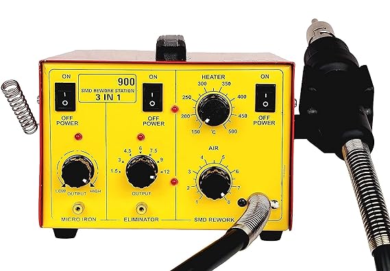 819xz4XUJzL._SX569_ Professional 3-in-1 SMD Rework Station 900, Hot Air Gun and Micro Soldering Iron with Eliminator, Heat Temperature 150-500°C For Repairing (Machine Color May Vary) - Image 1